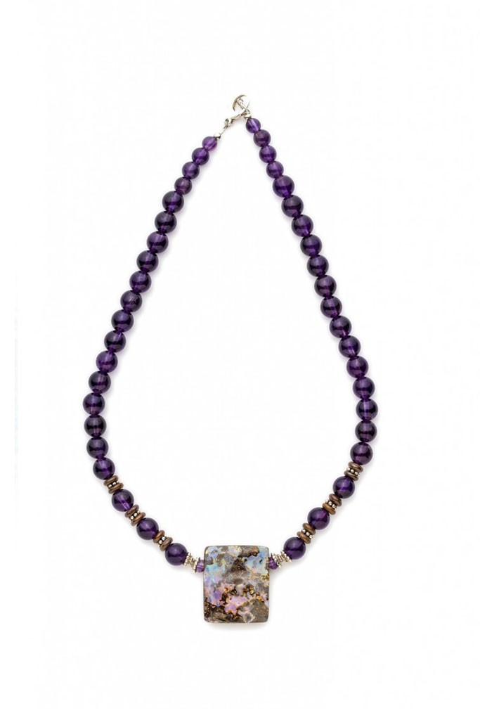 Boulder Opal necklace with polished Amethyst