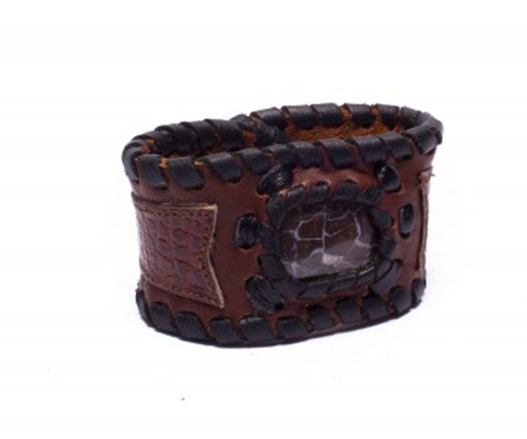 Two-Toned Brown Leather Cuff Bracelet with Opal