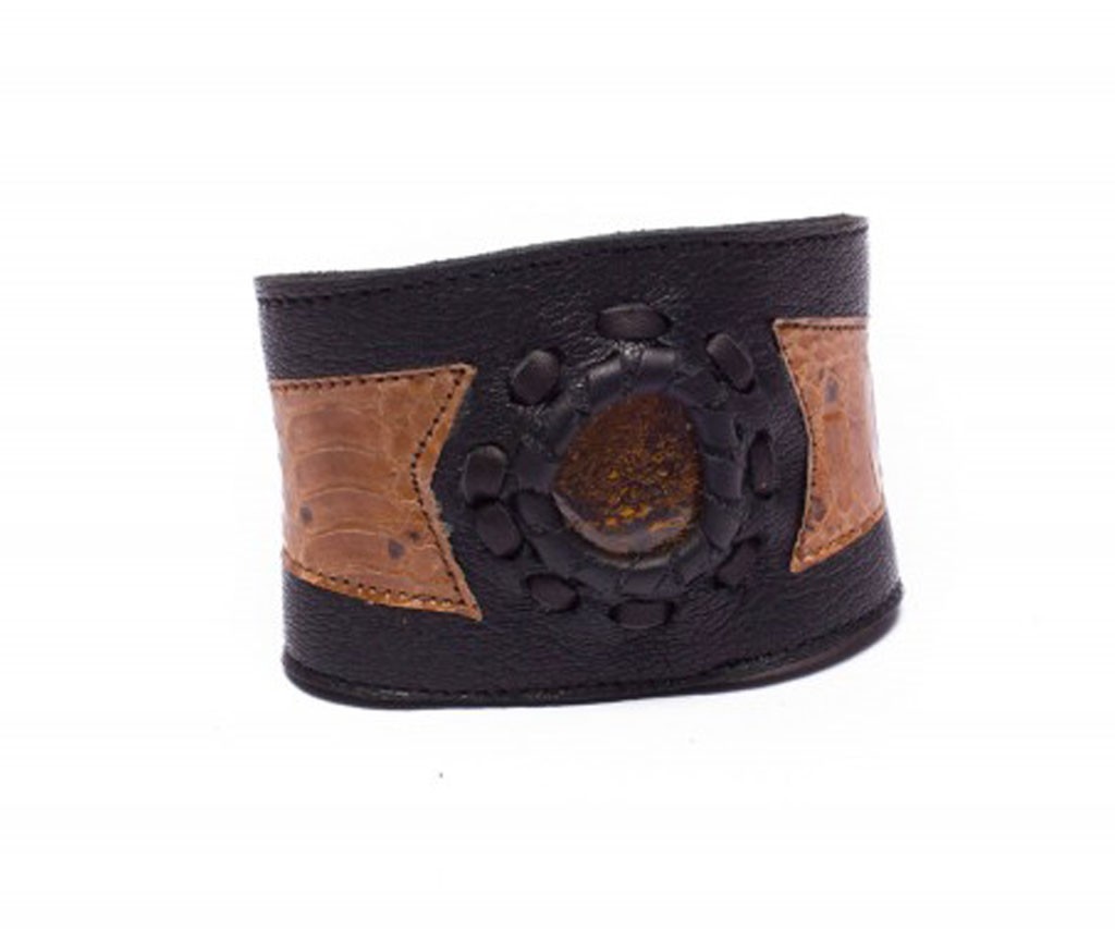 Black & Patchwork Leather Cuff Bracelet with Opal
