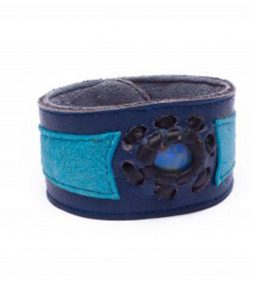 Two Shades of Blue Leather Cuff Bracelet with Opal